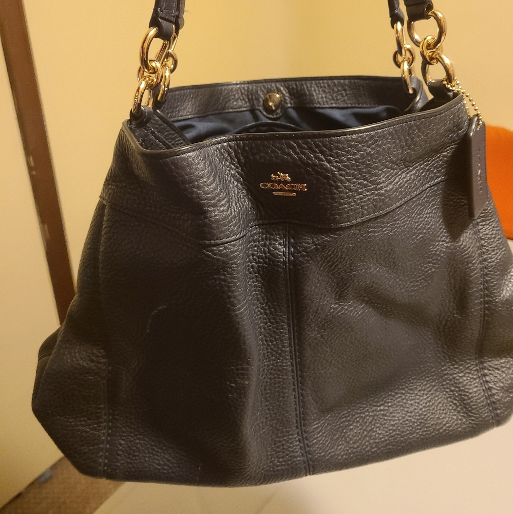 Coach Navy Blue Pebbled Leather Shoulder Bag with Gold Hardware